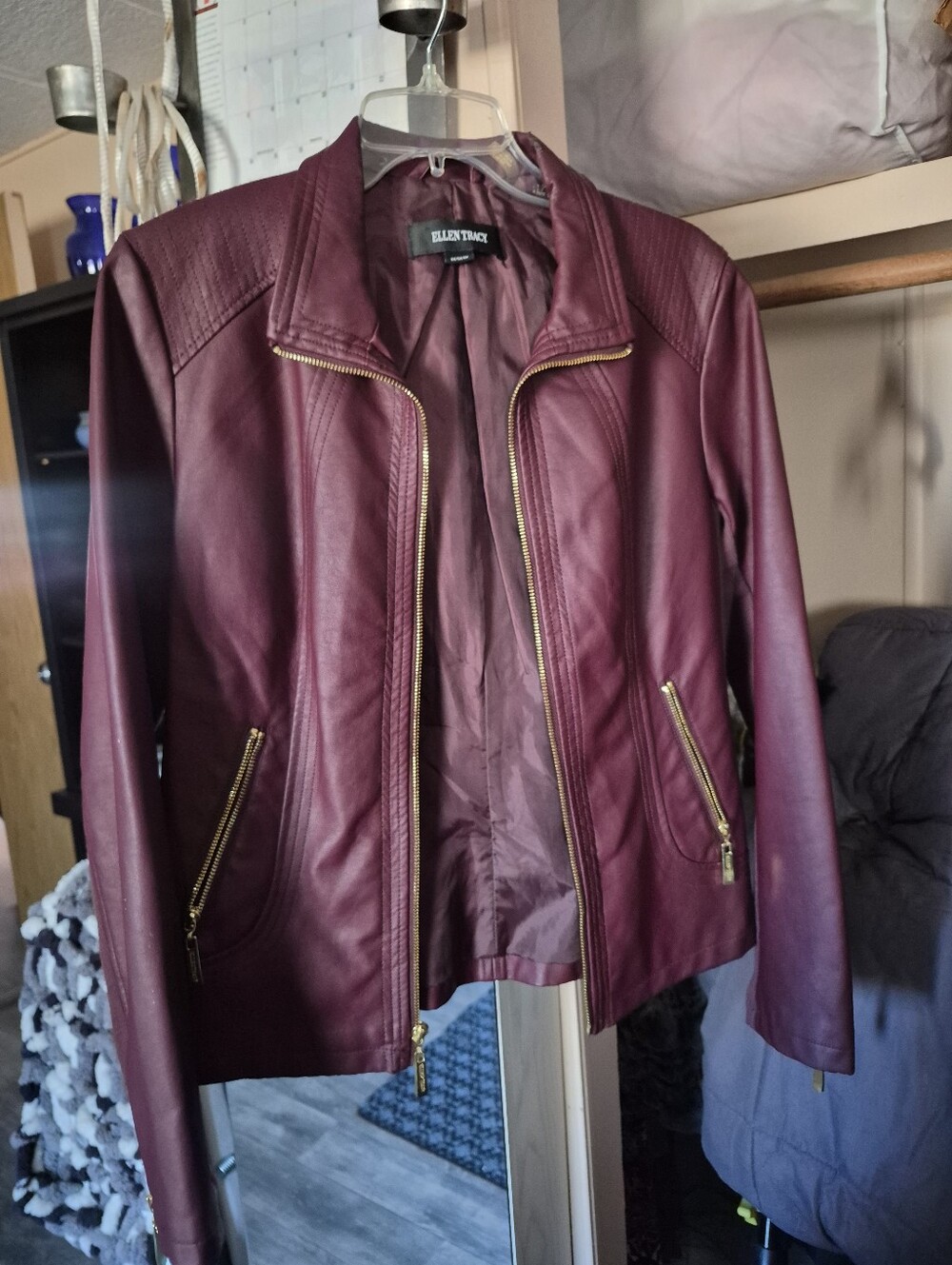 ELLEN TRACY Women's Burgundy Faux Leather Zip Jacket